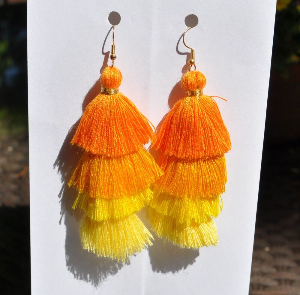 Chandelier Sunset Boho Gypsy earrings with sunny yellow/orange tassel fringe